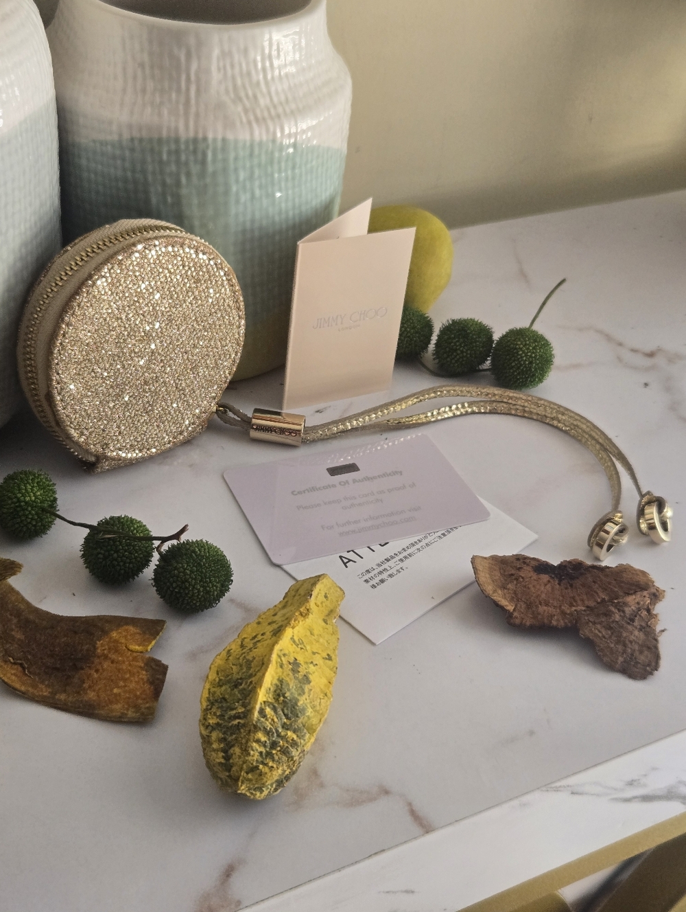 Jimmy Choo Rare Gold Glitter Round Coin Purse Pouch With Authenticity Card